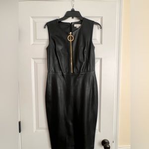 New black leather look Calvin Klein sheath dress, gold zipper details, size 6